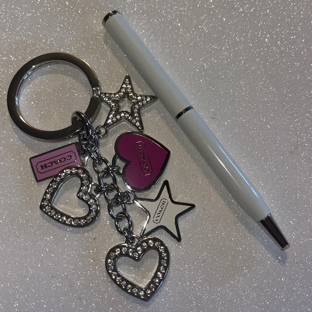 Coach Silver and Pink Heart & Star Crystal Keychain